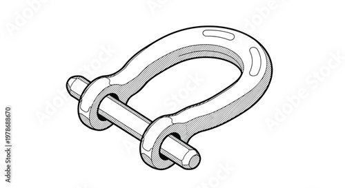 Detailed black and white technical line drawing of a metal bow shackle with a screw pin used for rigging and lifting.