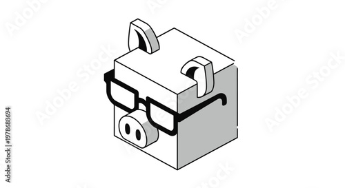 Artistic isometric illustration of a stylized cube-shaped pig head wearing black-rimmed glasses in a minimalist gray and white color palette.
