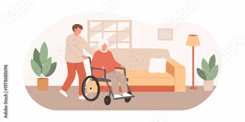 A young man assists an elderly woman in a wheelchair indoors