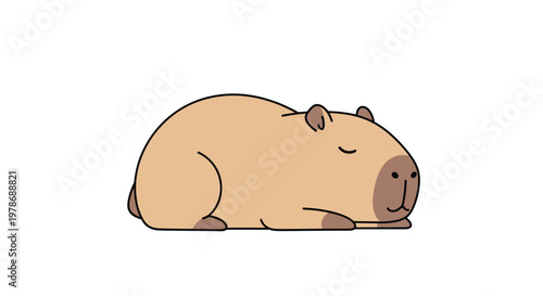 Simple cartoon illustration of a capybara sleeping peacefully with its eyes closed and body resting on the ground on a white background.