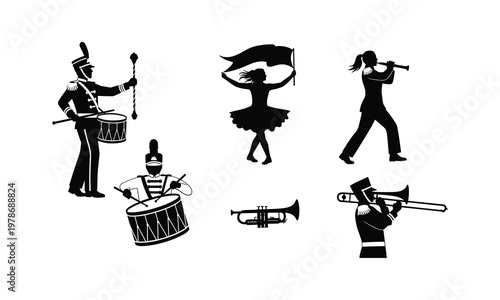 Marching band silhouette illustration of musicians playing instruments and performer with flag.