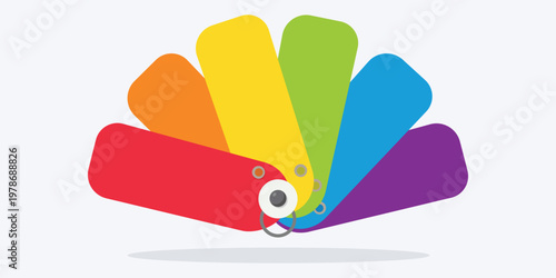 A colorful peacock with a cartoonish eye and vibrant feathers in shades of red, orange, yellow, green, blue, and purple.