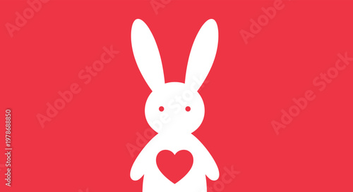 Minimalist illustration of a white rabbit silhouette with long ears and a red heart on its chest set against a solid red background.