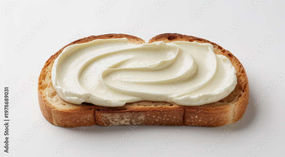 Fototapeta premium Single slice of toasted bread topped with a thick layer of smooth white cream cheese, view