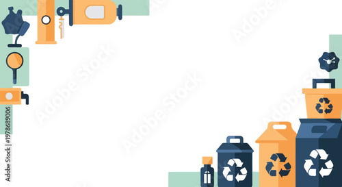 This vector illustration features monitoring tools and recycling bins framing a white background, highlighting environmental surveillance and care.