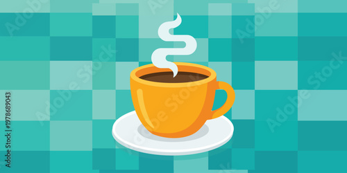 A steaming hot cup of coffee on a white saucer against a teal pixelated background