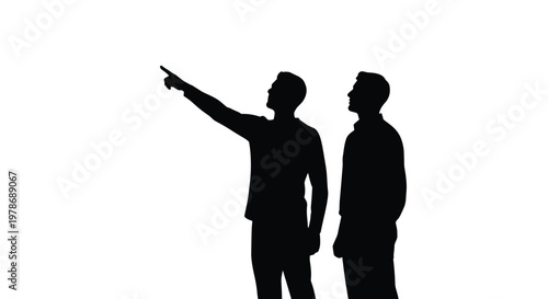 Black silhouette of two men standing against a white background with one person pointing a finger upward at a distant object.