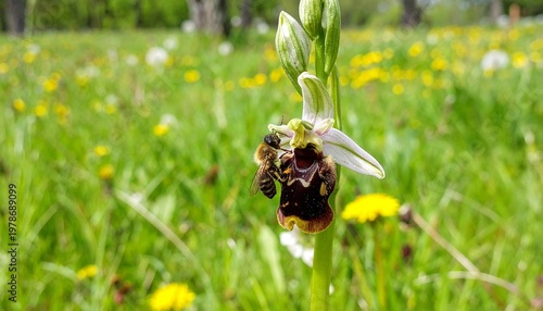Close-up of bee orchid flower mimicking insect in spring meadow with dandelions