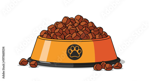 Orange dog bowl overflowing with brown kibble pet food isolated on a clean white background in a simple vector style.