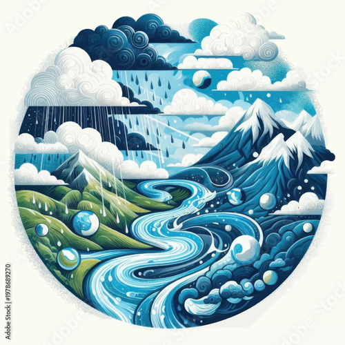 Stylized Water Cycle Illustration Featuring Mountains, River, Rain, and Clouds in a Circular Design