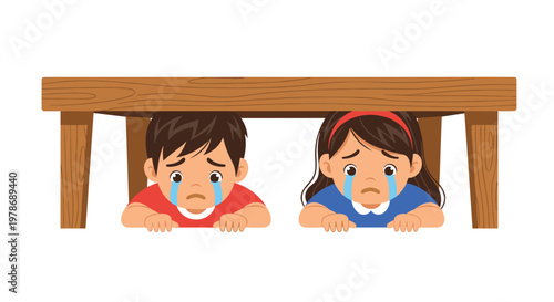 Two young children crying and hiding together under a wooden table in fear or sadness during a difficult situation.