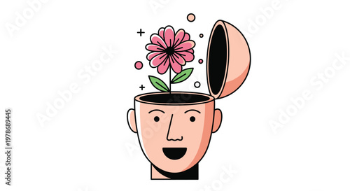 Surrealistic illustration of a person's head opening up like a box to show a beautiful pink flower growing from within.