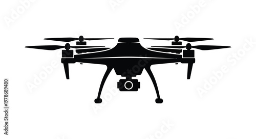 A black drone with a camera front view stark design silhouette