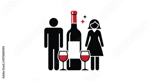 Silhouette of a man and woman standing on either side of a large wine bottle with two glasses of red wine for a toast.