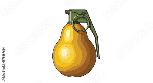Creative illustration of a ripe yellow pear designed to look like a military hand grenade with a pin and lever.