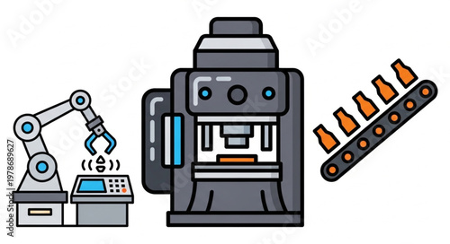 Industrial automation with robotic arm and conveyor belt.