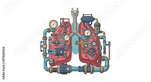 Intricate steampunk style mechanical lungs with a complex network of pipes, gauges, gears, and valves in a vector drawing.