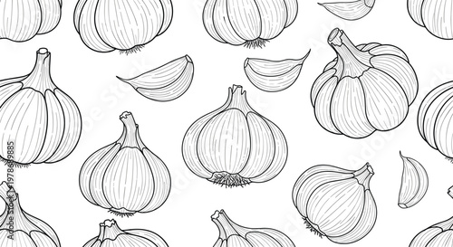 Seamless pattern featuring highly detailed line art drawings of whole garlic bulbs and individual cloves on a white base.