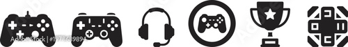 Gaming icons set controllers headsets and achievements in a minimalist black silhouette style