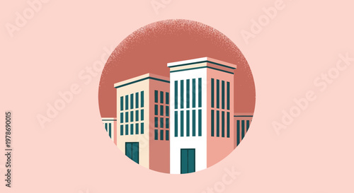 A stylized illustration depicts a cluster of light colored buildings framed within a circular reddish orange shape