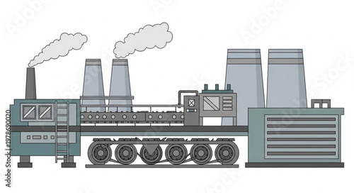Industrial factory with smoking chimneys and cooling towers.
