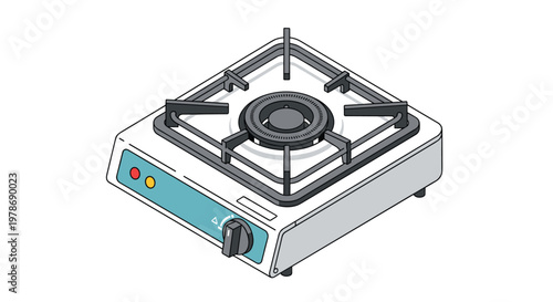 Small white portable camping gas stove with a single burner and control knob in an isometric vector illustration.