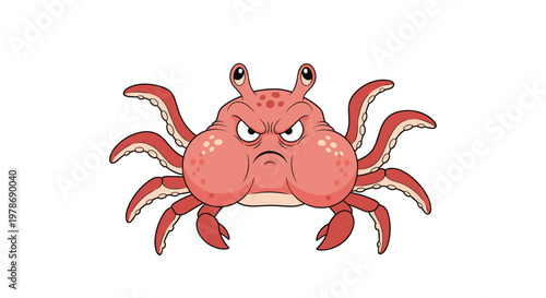 Grumpy pink crab character with octopus tentacles instead of legs looking very angry in a funny vector illustration.