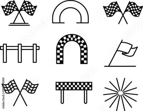 A collection of 9 minimalist black and white icons representing racing and competition elements like flags and hurdles