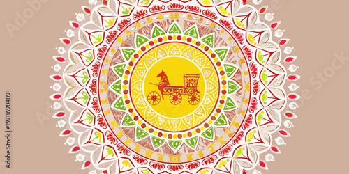 A detailed illustration of a horse drawn carriage within an ornate oval frame