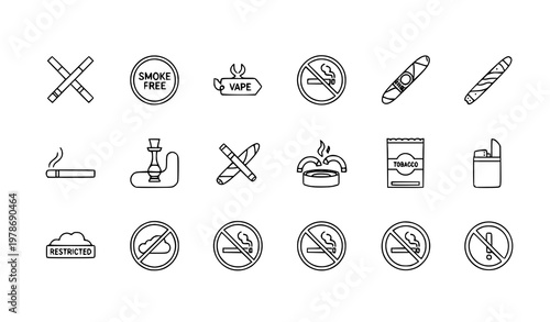 Minimal no smoking line icons set smoke prohibition outline vector collection