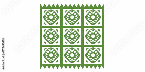 Green patterned textile design with repeating floral and geometric motifs