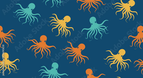 Seamless pattern featuring colorful octopus silhouettes on a dark blue background, suitable for fabric prints or nautical themed wallpaper.