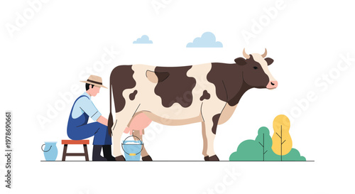 Farmer sitting on a stool and milking a large black and white cow on a farm, depicting rural life and dairy production processes.