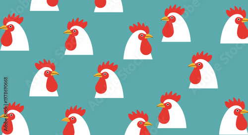Pattern of white rooster heads with red combs on a teal background, perfect for agricultural, poultry, and morning themed designs.