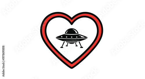 Black UFO saucer icon centered inside a red and white heart shape, symbolizing love for science fiction, aliens, and space mysteries.
