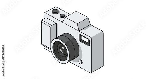 Minimalist isometric illustration of a compact digital camera in shades of grey, suitable for basic photography and electronics icons.