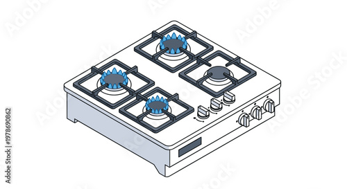 Modern four burner gas stove top with blue flames ignited on three burners, shown in a clean isometric perspective for kitchen designs.