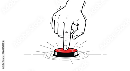 Human hand about to press a large red emergency or start button, depicted in a simple black and white line art style with red accent.