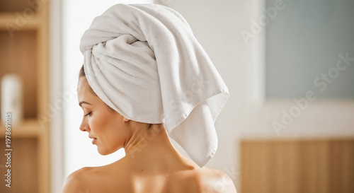 Back of woman with towel turban, bare shoulders after refreshing shower or bath. Calm woman with towel turban indulging in self care ritual for skin and hair.