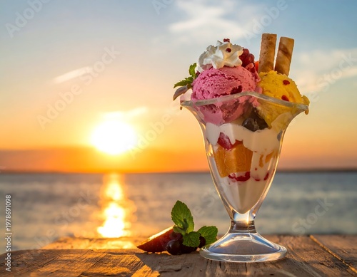 A vibrant ice cream sundae with fruit, whipped cream, and wafer rolls sits on a wooden surface with a stunning sunset backdrop over water