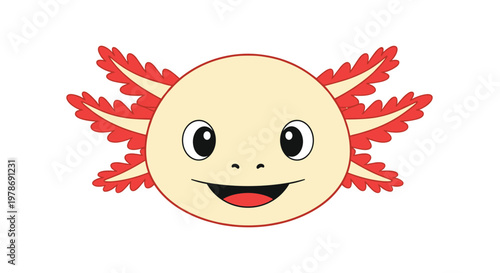 Cheerful cartoon axolotl head with a wide smile and bright pink gills looking friendly and approachable on a clean background.
