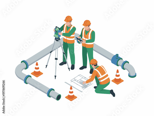 Surveyors inspecting industrial pipeline with theodolite