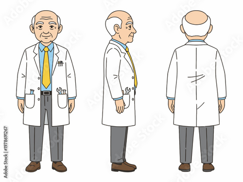 Senior Scientist Character Model Sheet Front Side and Back View