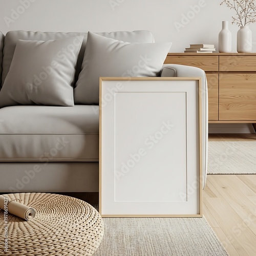 Mockup of a blank picture frame in a modern living room interior.