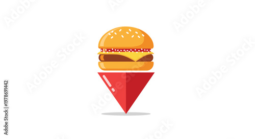 Creative combination of a delicious layered cheeseburger icon placed on top of a red location pin symbol for food discovery.