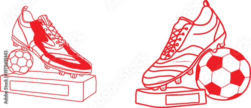 Two professional soccer cleats resting on top of championship trophies alongside classic black and white style leather balls rendered in a clean minimalist red line art illustration design style suita
