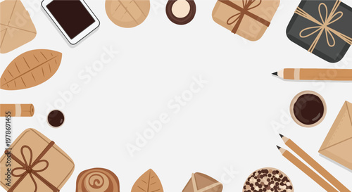A flat lay vector illustration showcasing cozy autumnal items like coffee, gifts, and stationery surrounding a blank central white space.