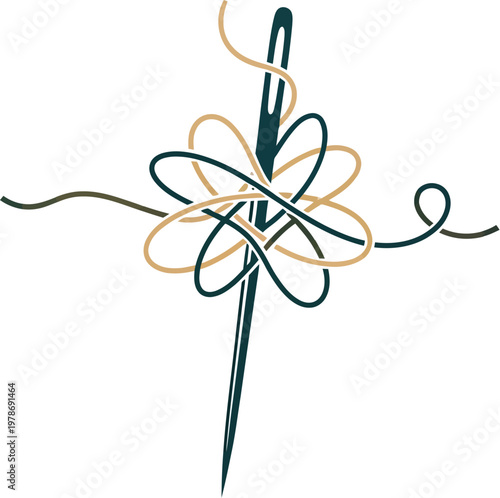 A needle with colorful threads wrapped around it in a creative knot.