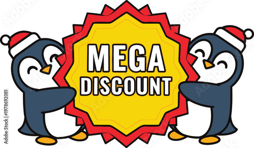 Two cartoon penguins in Santa hats holding a mega discount sign