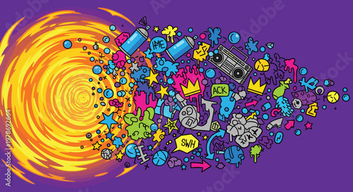 Colorful icons and symbols explosion.